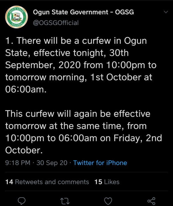 Ogun State Government Imposes 10pm 6pm Curfew On Wednesday And