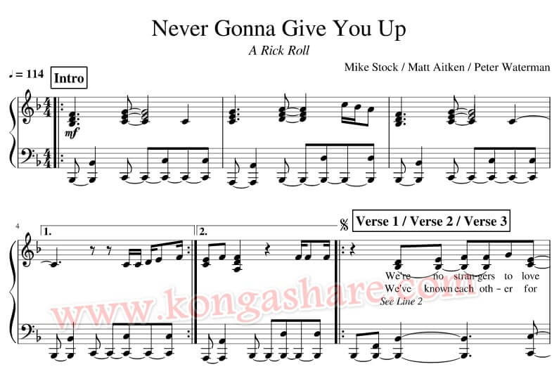 Get Never Gonna Give You Up Music Score In PDF - Music/Radio - Nigeria