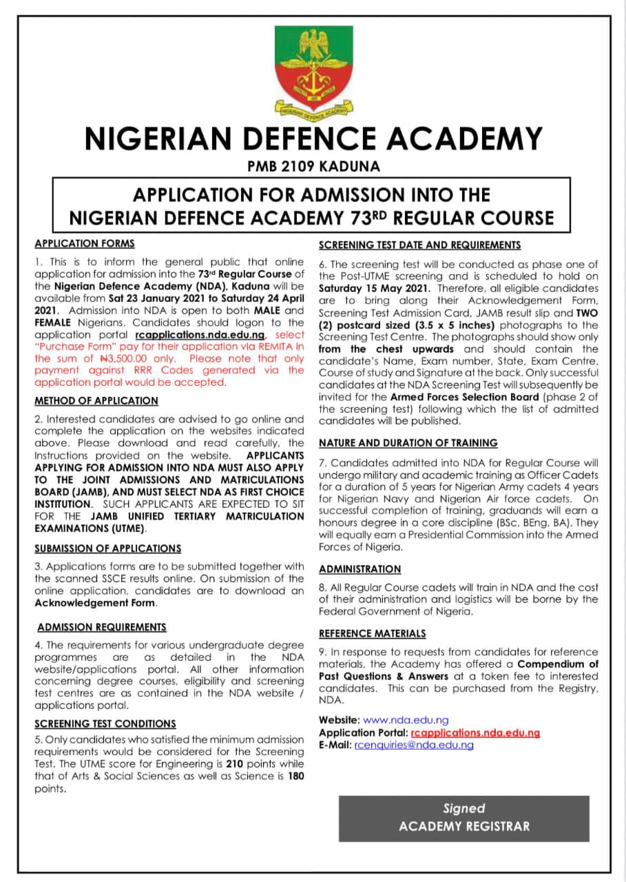 Applications For Admission Into The Nigerian Defence Academy, NDA Is