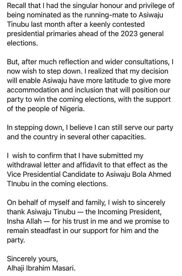 Ibrahim Masari Withdraws As APC Vice Presidential Candidate Politics