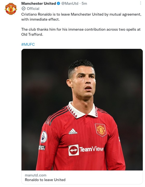 Ronaldo to leave Manchester United 'with immediate effect'