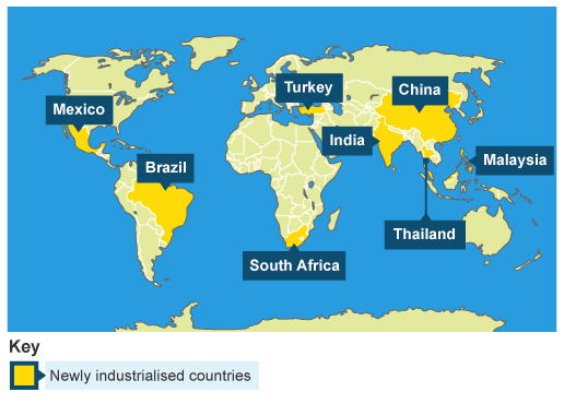 Индия бразилия мексика китай. Новые индустриальные страны на карте. Новые индустриальные страны на контурной карте. НИС на карте мира. Индустриальные страны на карте мира.