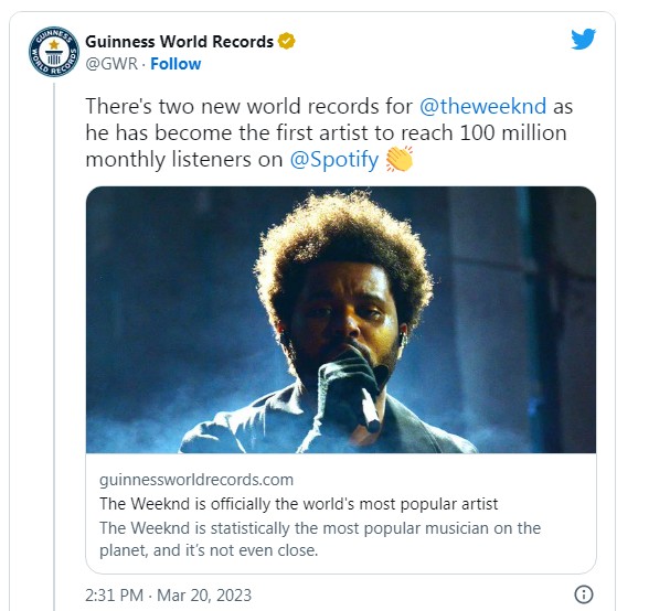 The Weeknd named world's most popular artist by Guinness World Records