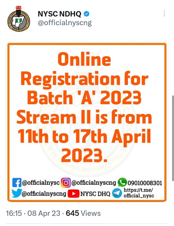 NYSC Begins Registration For Batch A Stream II NYSC Nigeria