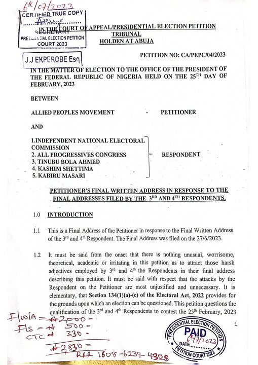 APM VS Inec apc tinubu shettima masari Final Written Address