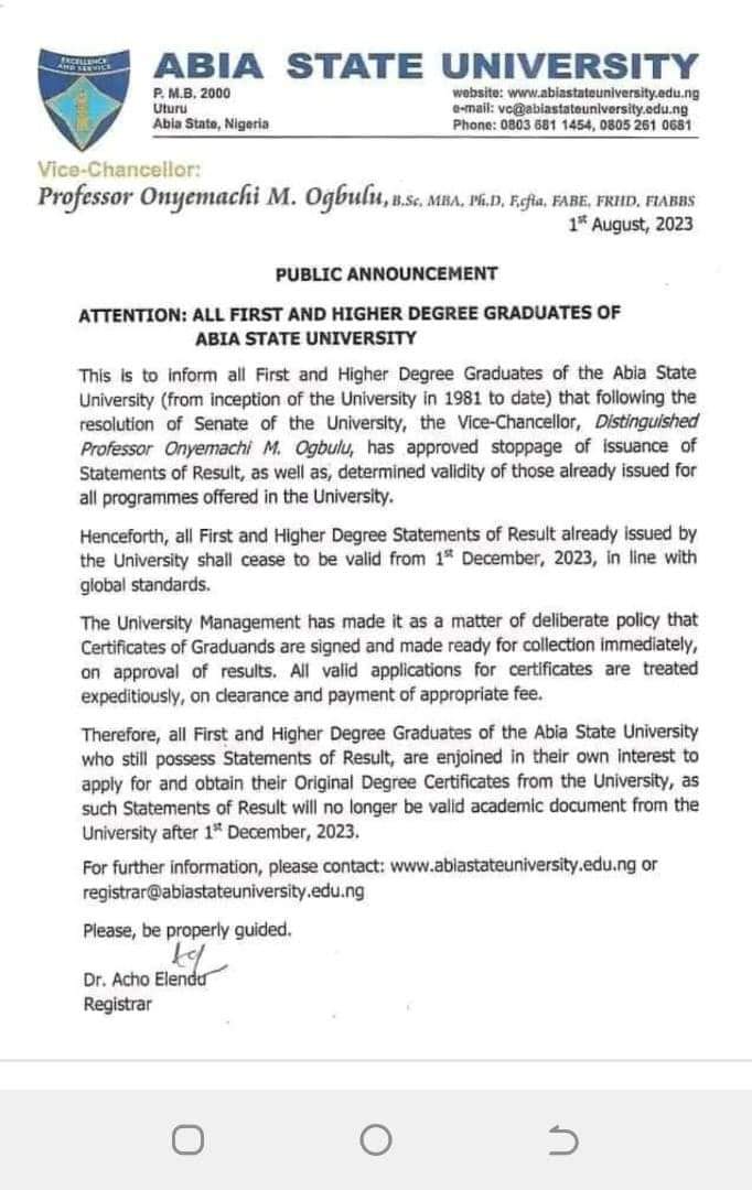 Abia State University: Statement of Results cease to be valid from 1st ...