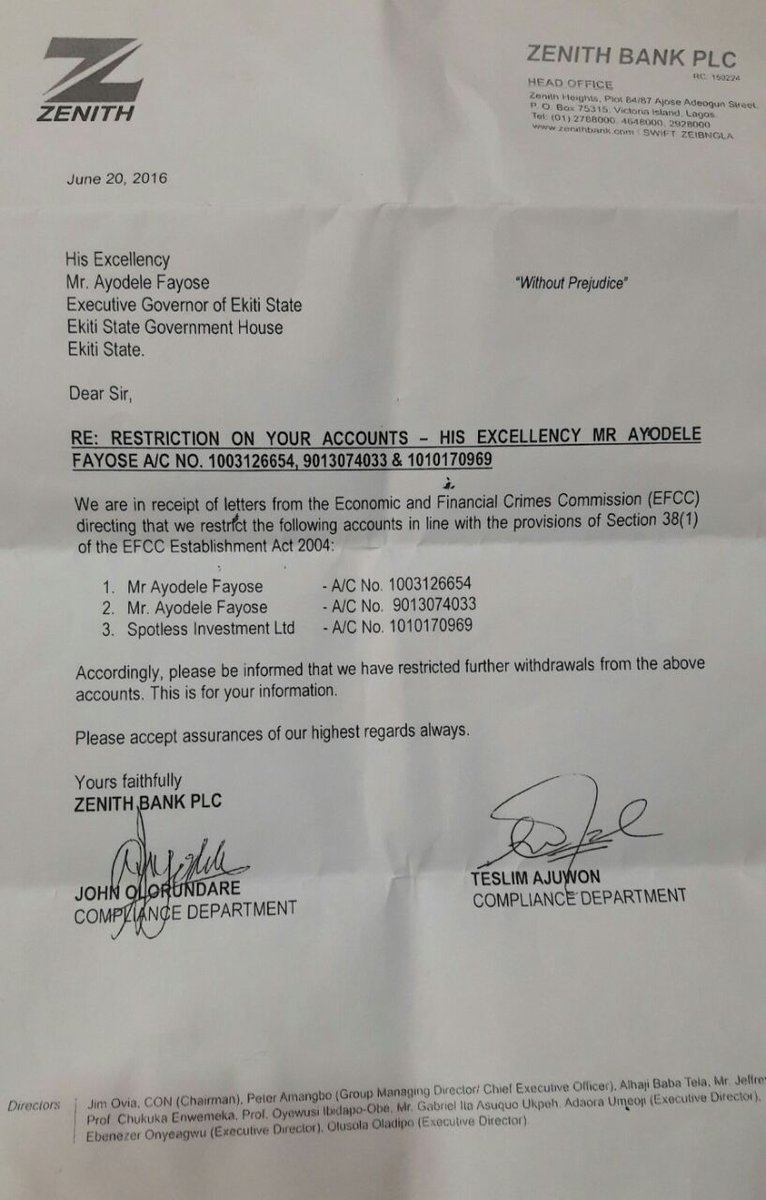 certificate writing letter Bank's Restricting Fayose's Accounts Letter SEE ( Zenith