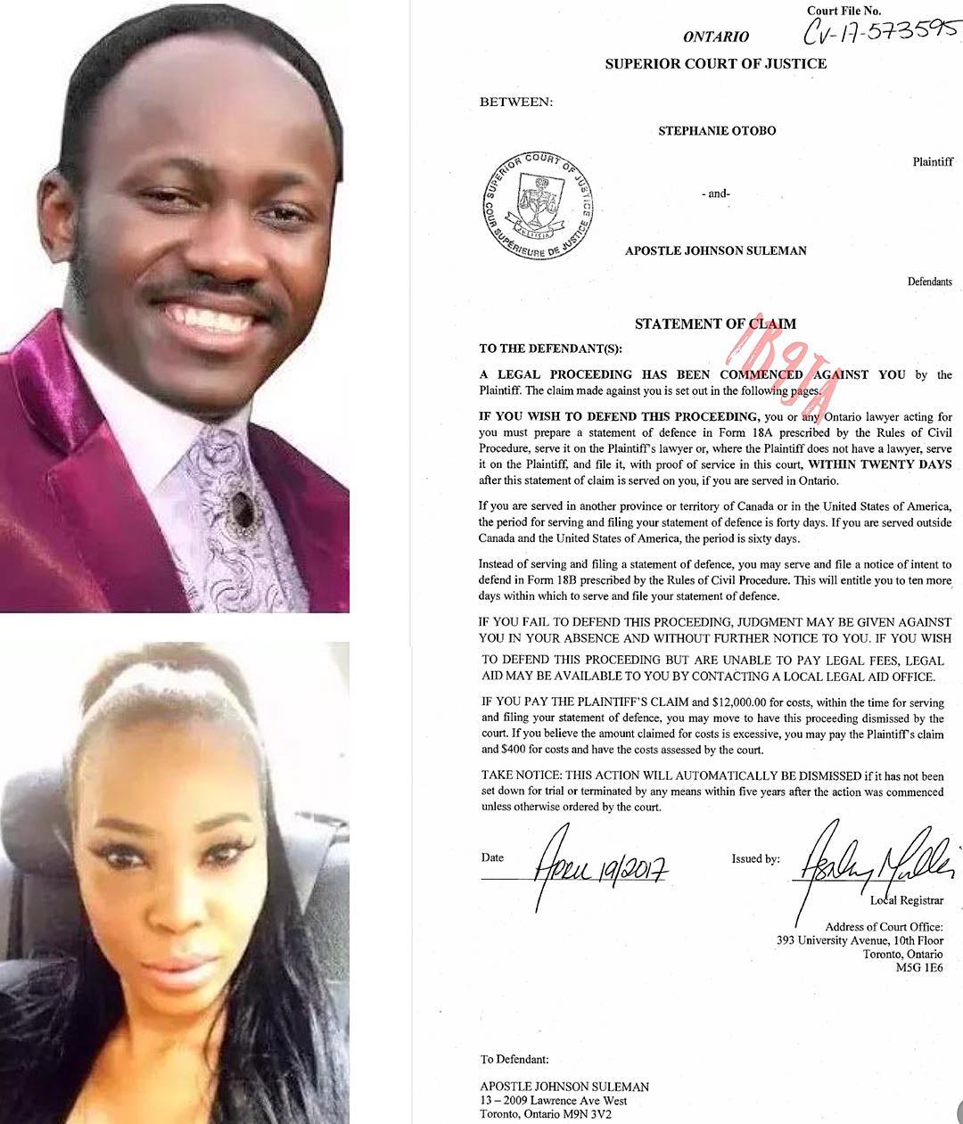 Stephanie Otobo Files 5m Lawsuit Against Apostle Suleman In Canada Celebrities Nigeria