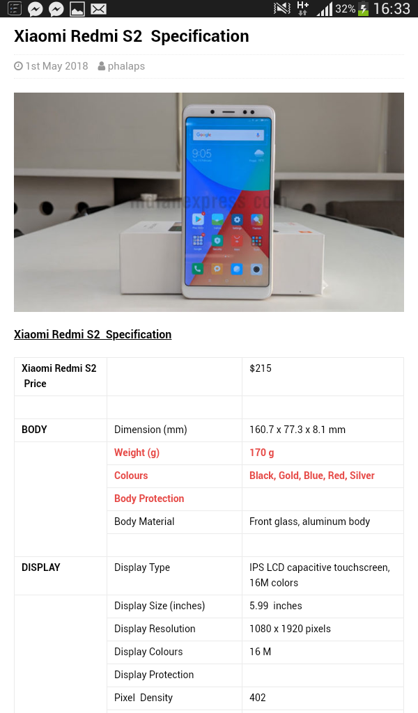 Xiaomi Redmi S2 Specification - Phones - Nigeria