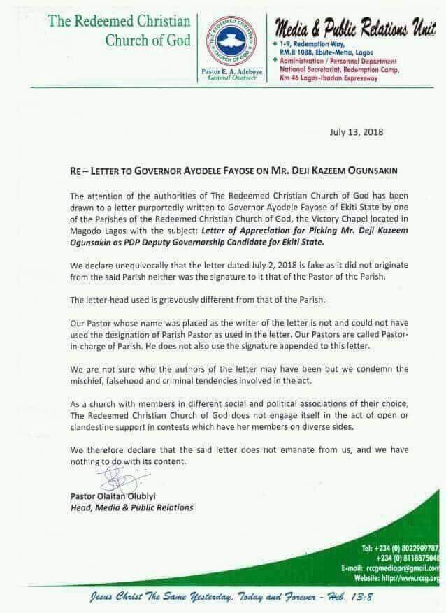 RCCG Denies Letter To Fayose Recognising Deji Ogunsakin Politics 