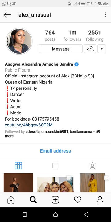 someone should tell dx op to shut d bleep up he s a liar she never loose any follower d tin still remail 1m u can see d time i screen grab that oooo - photos bbnaija s alex reacts to losing thousands of instagram