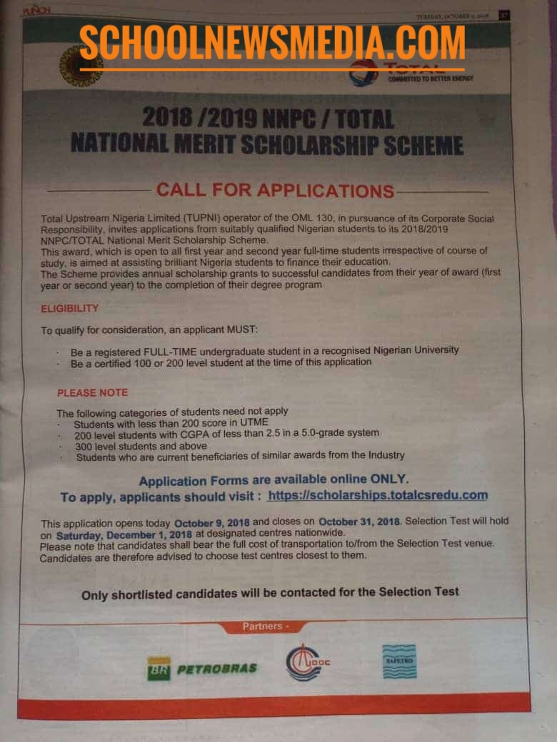 Nnpc/total Is Scholarship 2018/2019 ... Out For Undergraduate