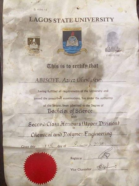 Original Certificate Of LASU #39 s Graduate Found At Suya Spot Education