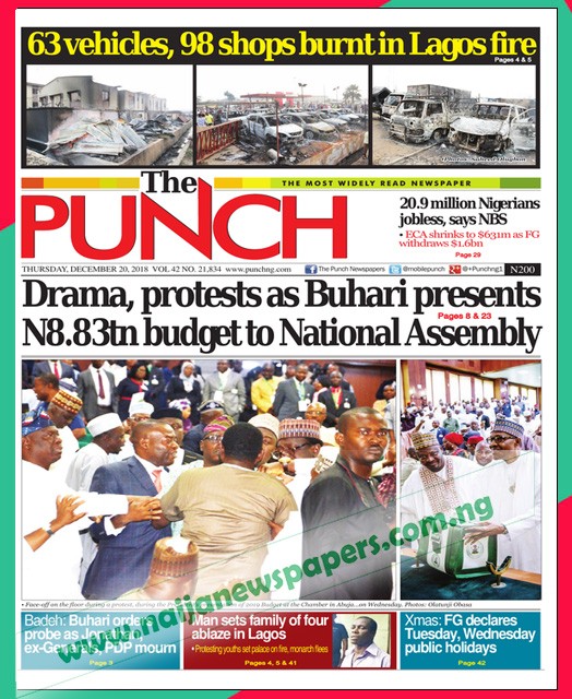 Nigerian Newspapers Front Page Headlines, Thursday 20th December 2018