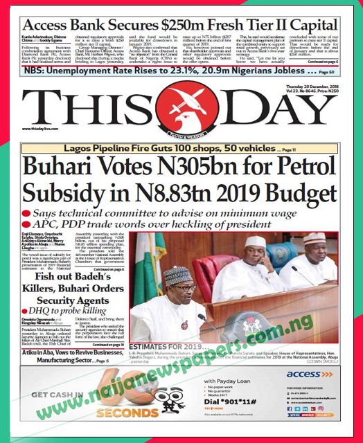 Nigerian Newspapers Front Page Headlines, Thursday 20th December 2018