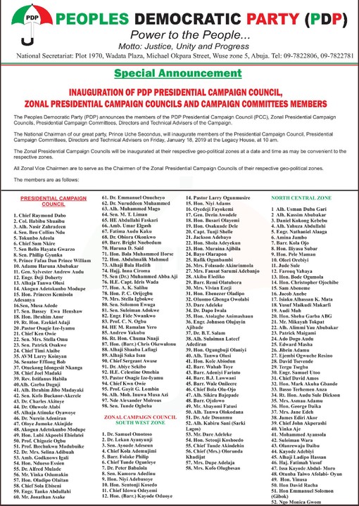 PDP released Lists of Inauguration of Presidential Campaign Council 